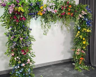 Lush wildflower storefront garland, silk arbor flowers, aisle flower runner
