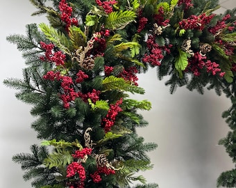 Christmas front door garland, xmas outdoor arrangement, holiday red berries mantel decor
