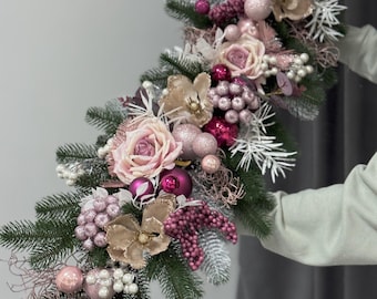 Arreglo navideño rosa, guirnalda navideña para chimenea, centro de mesa navideño, decoración de escalera