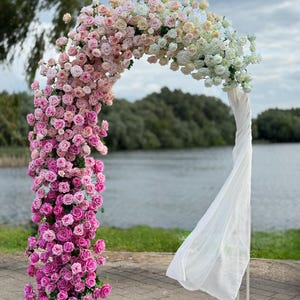 Pink and white rose arch decor, lush flower garland, wedding floral arrangement, wedding altar flower, wedding backdrop, silk arbor flowers
