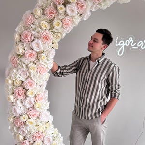 White and dusty pink rose arch garland, hydrangea arrangement, floral aisle decor, wedding ceremony flower, silk flower runner, arbor flower