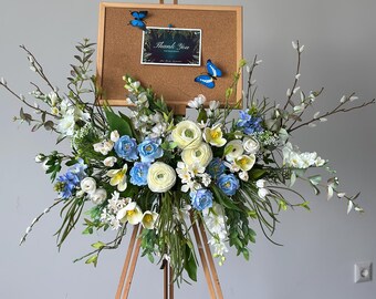 Blue and white welcome sign flowers, ranunculus eucalyptus swag, summer silk floral arrangement,  wedding reception, artificial flower decor