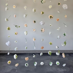 White floating flower garland, silk ceiling flowers, wedding ceremony flower backdrop, artificial hanging flowers, faux flower curtain