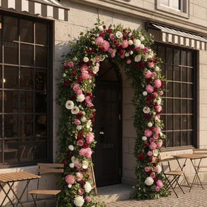 May include: An arched doorway adorned with a lush floral arrangement of pink, red, and white flowers. The entrance is framed by greenery and leads to a dark wooden door. Black and white striped awnings and small tables with chairs are visible.