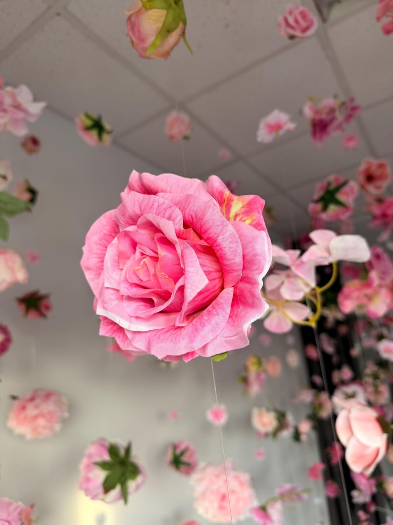 May include: A large, vibrant pink rose is the focal point, surrounded by a multitude of smaller pink flowers and buds. The flowers appear to be suspended, creating a whimsical, floral display. The petals of the rose have a delicate texture.