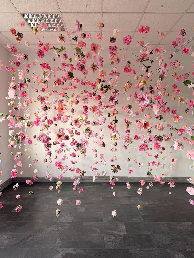 Tender floral arrangement, pink flower wall, floating wedding decorations