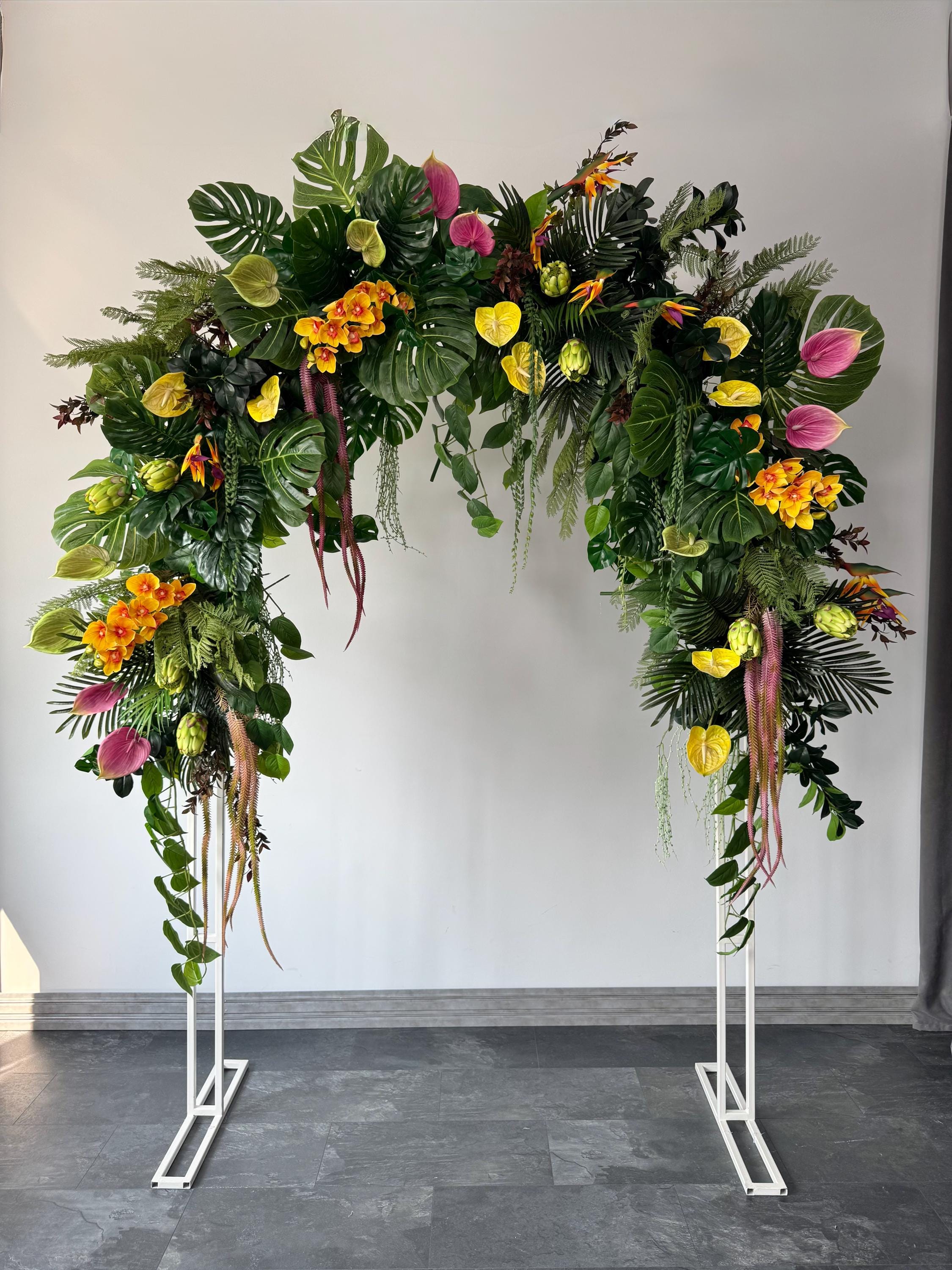 Fern tropical greenery, tropical leaves and flower arch, hawaiian wedding ceremony arrangement, palm leave swag, greenery event decor