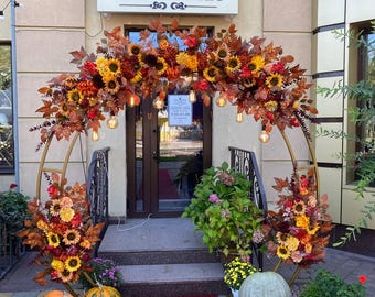 Fall sunflowers arch garland, terracotta arbor flowers, autumn front shop garland, burnt orange wedding backdrop, flower arch swag