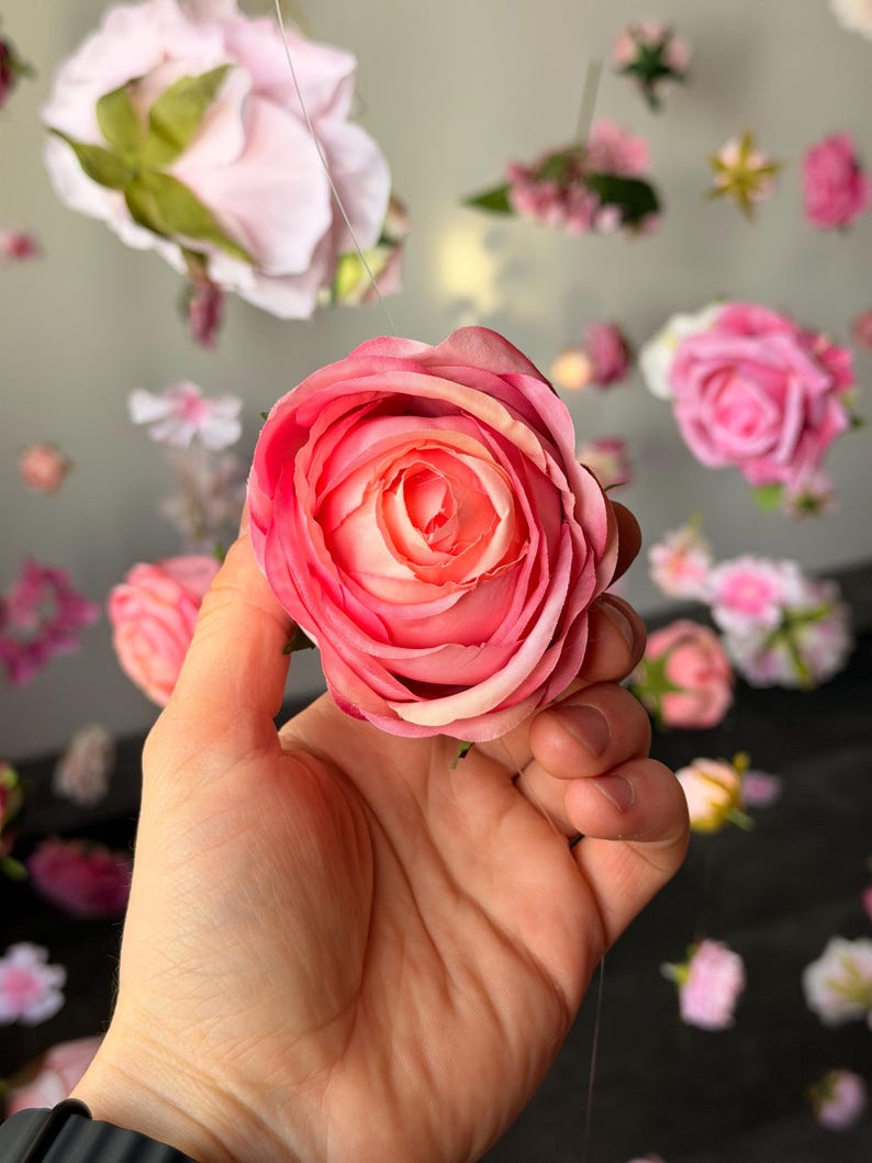 May include: A close-up of a pink and peach rose held in a hand, with other pink and white flowers in the background. The rose has multiple layers of petals, with a lighter color in the center. The background is blurred, with other flowers hanging.