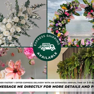 May include: A montage of floral displays featuring white roses, pink and purple blooms, and foliage. The image includes a circular graphic with the text "EXPRESS SHIPPING AVAILABLE".