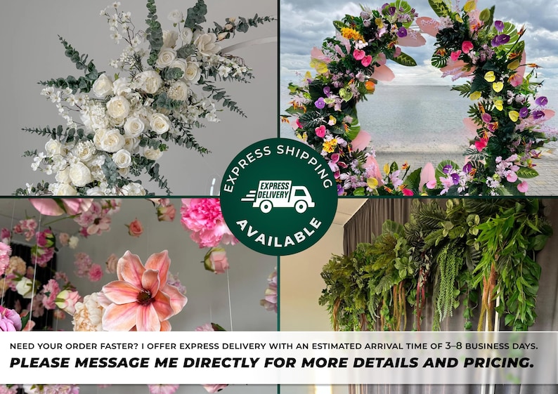 May include: A montage of floral displays featuring white roses, pink and purple blooms, and foliage. The image includes a circular graphic with the text "EXPRESS SHIPPING AVAILABLE".