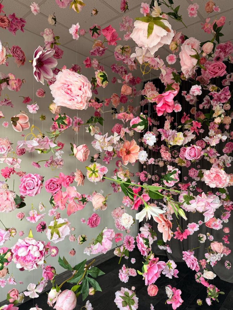 Hanging flowers backdrop, faux flower garland, elegant spring decor