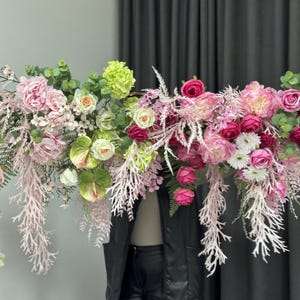 Silk flower table runner, peony arrangement, faux eucalyptus swag, pink flower garland, rose backdrop, event party floral decor