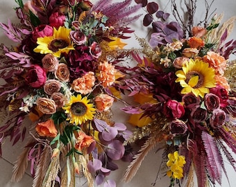 Fall rustic arch flower swag, sunflower arch arrangement, silk arbor flowers, floral archway, farmhouse aisle flower, floral garland