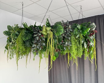 Green ceiling decor with artificial monstera, hanging real touch greenery chandelier, summer garland for restaurant