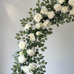 Ivory and green flower arch decor, silk peony archway, lush flower garland, white arbor flowers, wedding backdrop, reception flowers