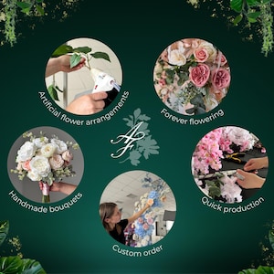 May include: An image showcasing floral arrangements and bouquets. The image features five circular insets with text: "Artificial flower arrangements," "Forever flowering," "Handmade bouquets," "Custom order," and "Quick production." The background is dark green with floral accents.