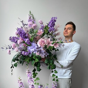 Purple floor flowers arrangement, wedding floral swag, silk ground flowers, table centerpiece, aisle flowers, birthday background decor