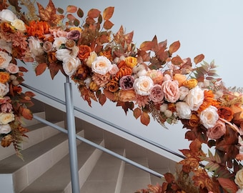 Burnt orange staircase silk flower garland, rustic wedding flower arch, fireplace flower arrangement, fall flower archway, wedding backdrop