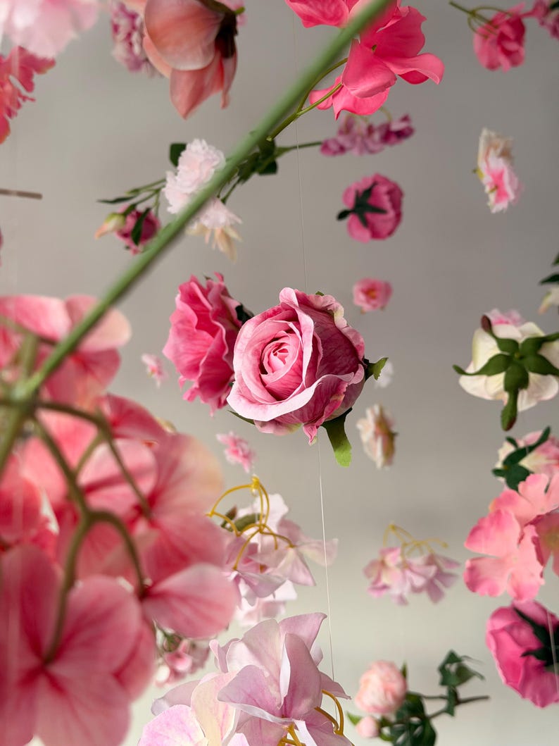 Hanging flowers romantic decor, silk floating flower garland, floral party backdrop image 6