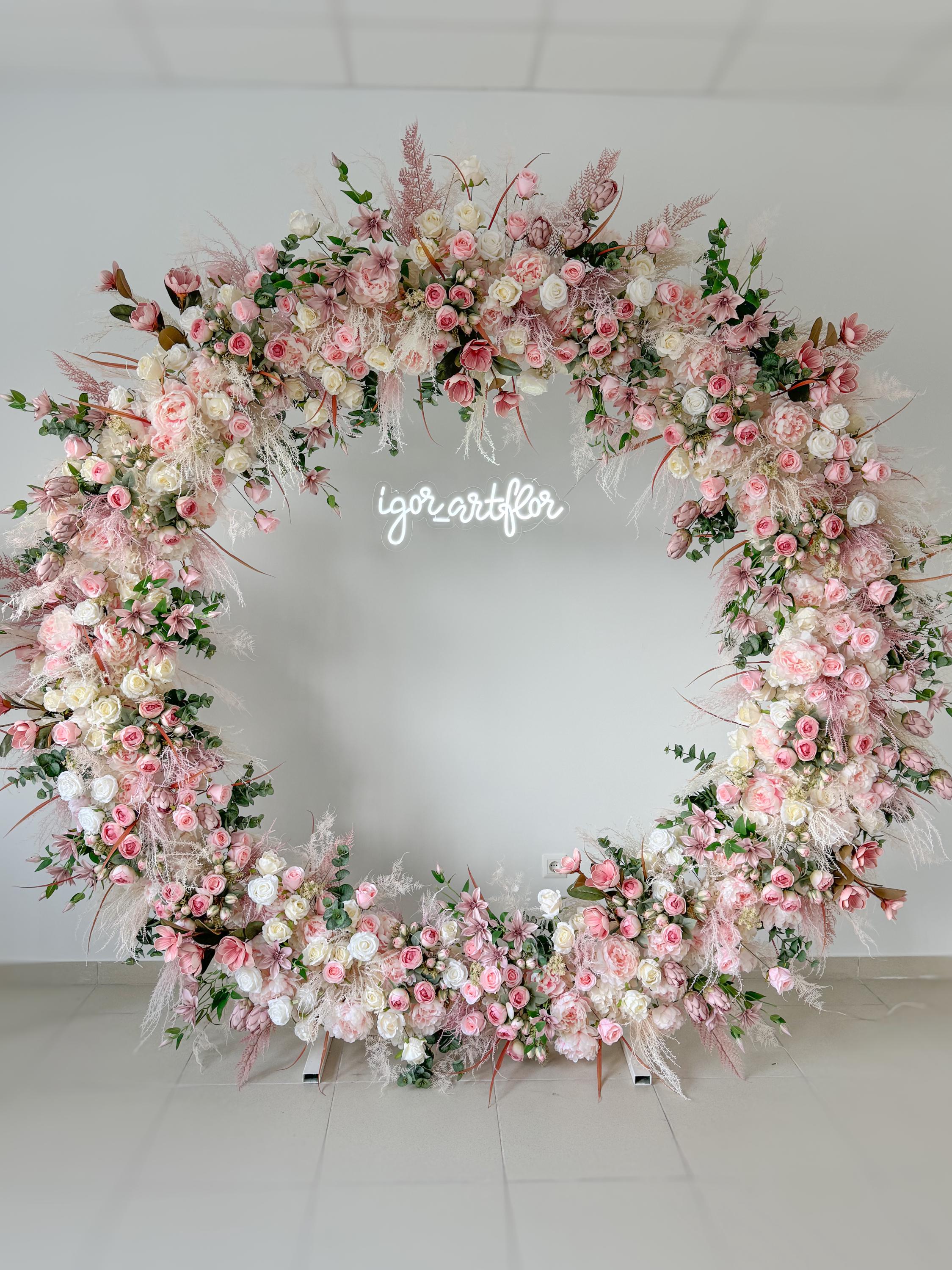 Dusty pink wedding archway, wedding reception stage backdrope, floral garland, faux flower decor, arrangement for anniversary birthday