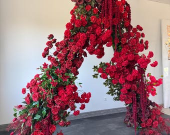 Custom flower arch garland, burgundy rose hydrangea arch arrangement, silk flower archway, wedding backdrop, artificial reception flowers