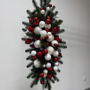 Red and white mantle swag, christmas stairs decor, fireplace ornament garland, winter pine arrangement, table centerpiece, door garland