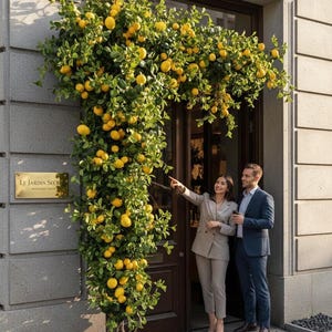 May include: Exterior shot of a building entrance with a lemon tree. The tree is laden with yellow lemons and green leaves, framing the doorway. A gold plaque reads "LE JARDIN SECRET". A man and woman stand near the entrance.