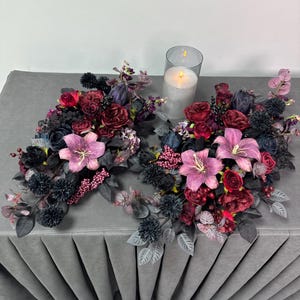 Gothic silk flower table decor, black burgundy flower table centerpiece, moody wedding decor, welcome sign swag, table arrangement