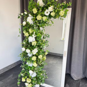 Lush white flower garland, salon flower decor, ivory arbor flowers, wedding rose peony arch swag, silk flower runner, front shop garland