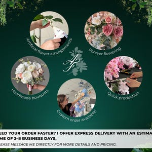 May include: An advertisement for floral arrangements, featuring images of artificial flower arrangements, handmade bouquets, and custom orders. The text includes "Forever flowering" and "Quick production."