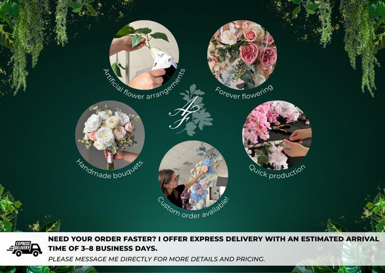 May include: An advertisement for floral arrangements, featuring images of artificial flower arrangements, handmade bouquets, and custom orders. The text includes "Forever flowering" and "Quick production."