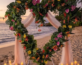 Composition florale romantique, coeur de fleurs tropicales, décorations pour proposition de mariage, toile de fond de guirlandes d'été