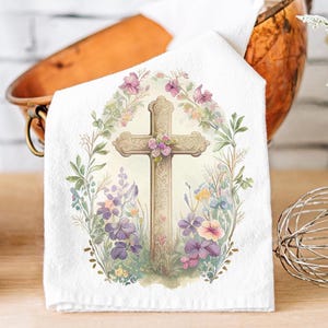 Floral Cross Easter Tea Towel: Christian Kitchen Decor