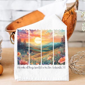 Christian Tea Towel: Wildflower Sunset, Bible Verse Kitchen Decor