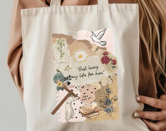 Christian Collage Cotton Canvas Tote Bag: Religious Gift
