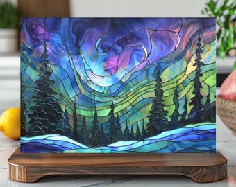 Aurora Borealis Glass Cutting Board: Stained Glass Look Kitchen Decor