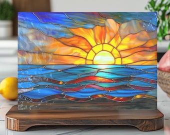 Stained Glass Ocean Sun Cutting Board: Coastal Kitchen Decor