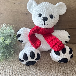Handmade Crochet Polar Bear Plush, Red Scarf Amigurumi