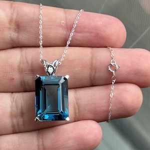 London Blue Topaz Emerald Cut Pendant in 14K White Gold – 15.97-20.34 Ct AAA Solitaire Necklace, December Birthstone Jewelry