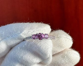 Pink Sapphire & Diamond Three Stone Ring: 18K White Gold Engagement Jewelry