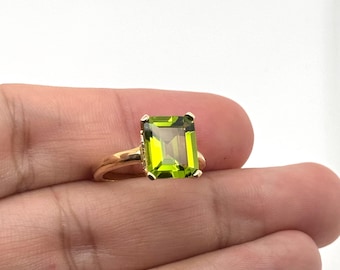Peridot Ring 14K Yellow Gold | Emerald Cut Solitaire — August Birthstone Statement Gift