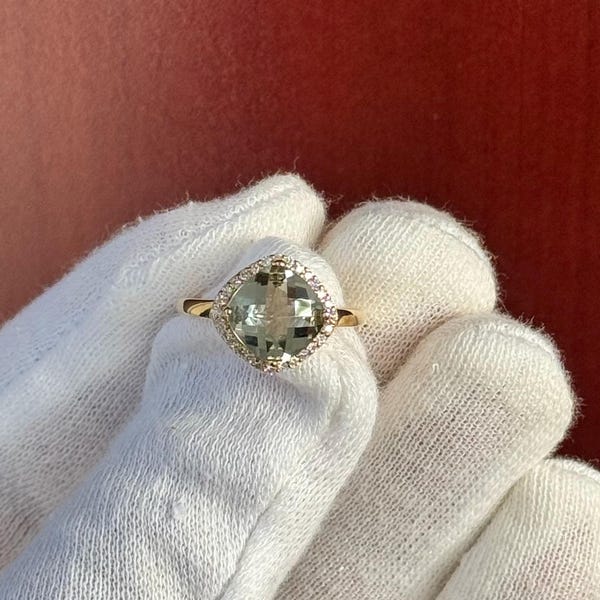 Emerald Cut Green Amethyst Ring: 14K Yellow Gold & Diamond Accents
