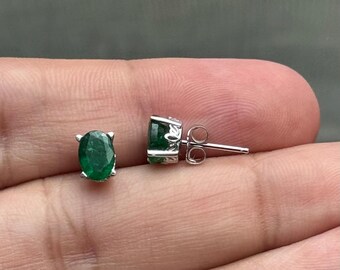 Natural Emerald Scroll Stud Earrings 7x5mm Oval in 18K White Gold | 1.20-1.60 Cts AA Grade May Birthstone Jewelry