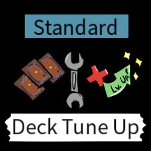 May include: A deck of cards, a wrench, and a green card with the text "Level Up!" on it. The image is a graphic design for a deck tune-up service.