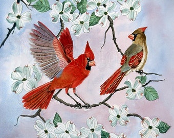 Cardinal Spring Art Watercolor Print Wall Decor, Dogwood Red Bird Prints