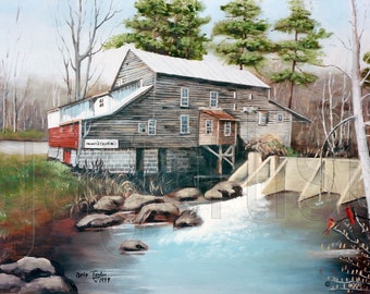 Folk Art Prints, Howard's Creek Grist Mill Lincolnton, North Carolina Dirt Road Water Wall Home Decor, Gift for Him