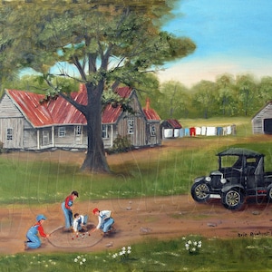 Boys Shooting Marbles Art Print, Americana Folk Art by Arie Taylor bild 1