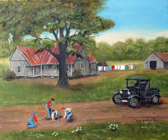 Boys Shooting Marbles Art Print, Americana Folk Art by Arie Taylor