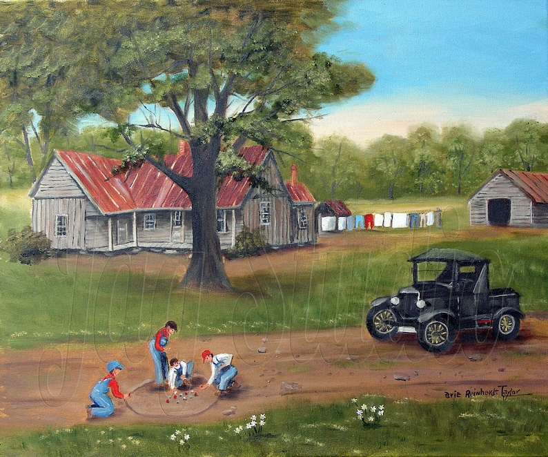 Boys Shooting Marbles Art Print, Americana Folk Art by Arie Taylor bild 1
